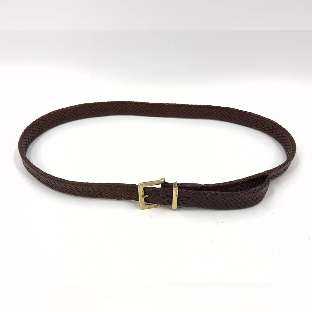 Coach Brown Leather Belt Mens 42 Woven Braided Classic Logo Brass Buckle Brown